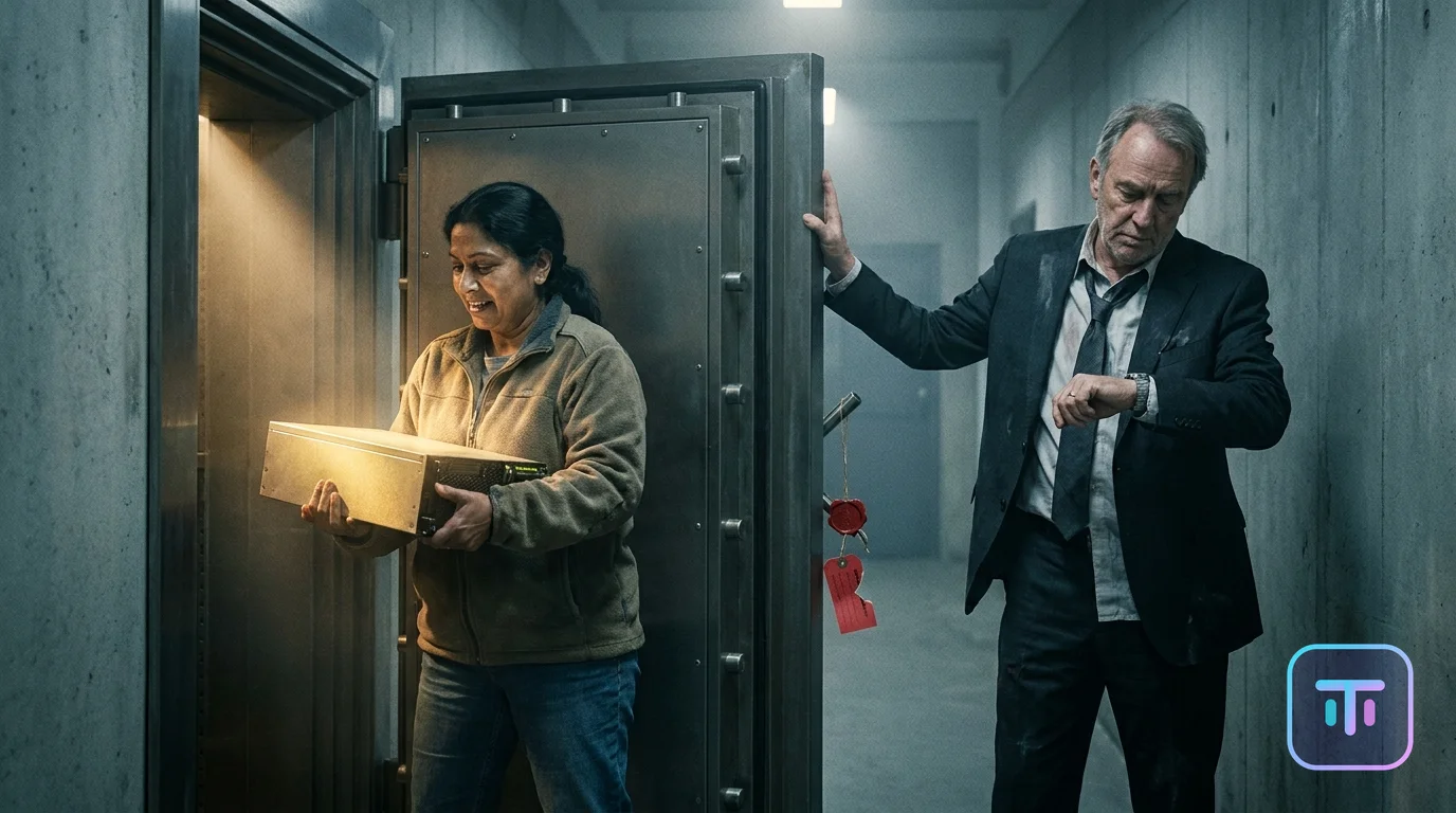 A woman in casual clothes lifts a glowing server module out of a heavy open government evidence vault while a bored official in a rumpled suit holds the door and checks his watch, a broken red official seal hanging from the vault handle, symbolizing a seized AI model briefly handed back to ordinary users