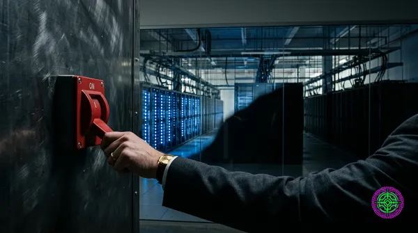 A hand in a dark suit pulling a large industrial red breaker switch while an immense data center hall goes dark row by row behind glass, symbolizing the government-ordered shutdown of an AI model