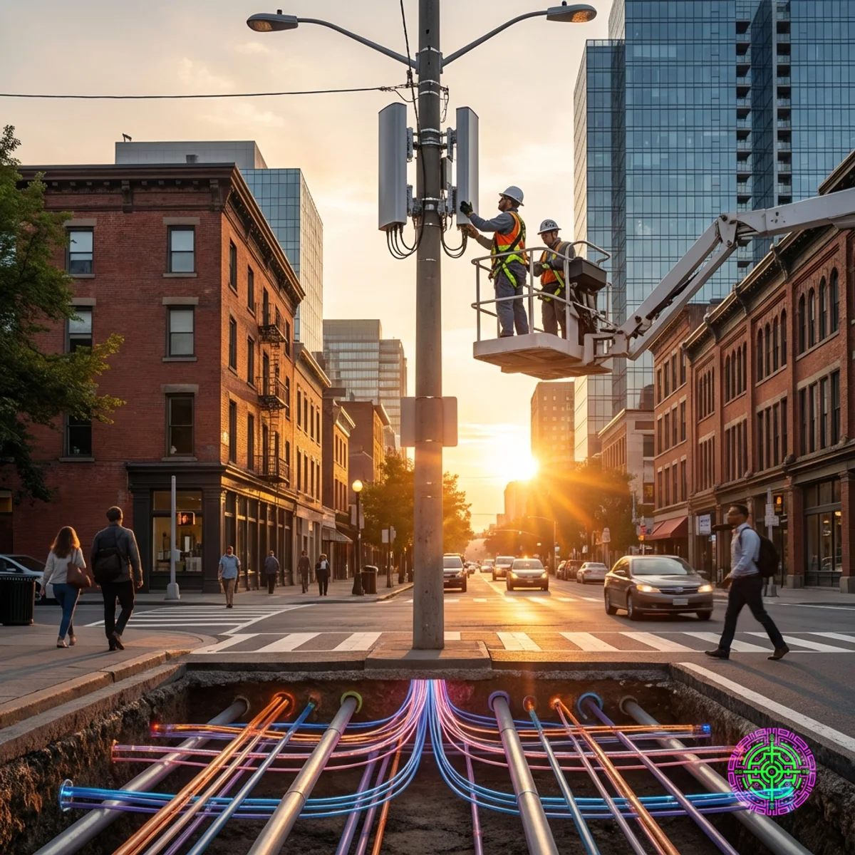 Techniciens installant une infrastructure de petites cellules 5G sur un poteau de rue de la ville au coucher du soleil, symbolisant la construction physique du réseau d'IA.