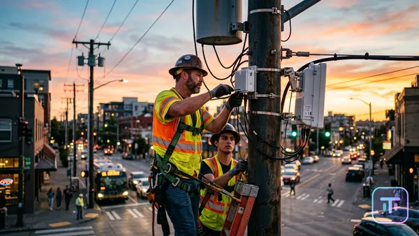 Technicians installing 5G small cell infrastructure on a city street pole at sunset, symbolizing the physical buildout of the AI network.