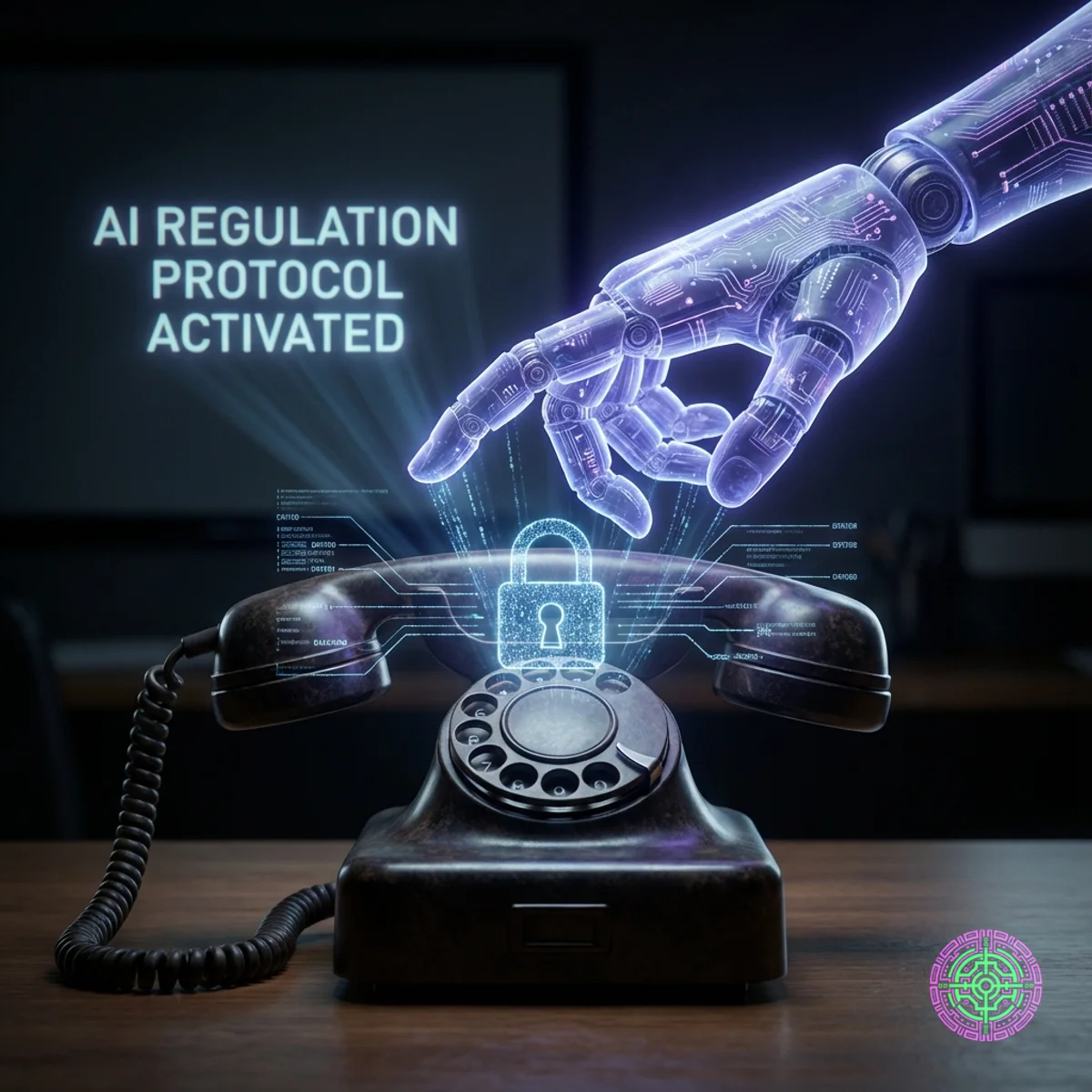 Une visualisation numérique d'une main robotique brillante planant au-dessus d'un combiné téléphonique, symbolisant la réglementation de l'IA dans les télécommunications.