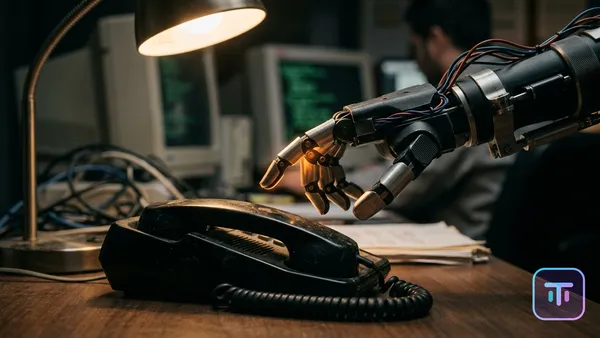 A digital visualization of a glowing robotic hand hovering over a telephone handset, symbolizing AI regulation in telecommunications.
