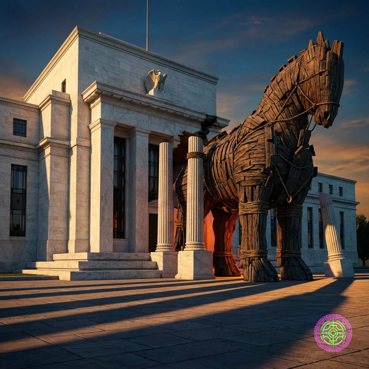 A stylized conceptual illustration showing the Federal Reserve building with a wooden Trojan Horse structure merging into the classic columns, symbolizing the internal threat to independence.