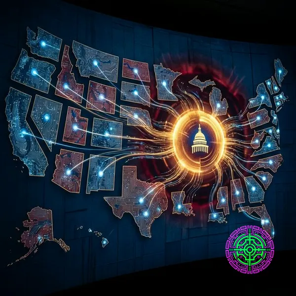 Abstrakte Visualisierung digitaler Ströme, die von 50 Bundesstaaten nach Washington DC fließen und die bundesstaatliche Aufhebung einzelstaatlicher KI-Gesetze symbolisieren
