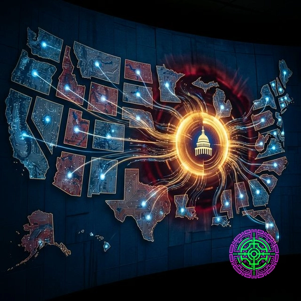 Abstract visualization of digital streams flowing from 50 states toward Washington DC, symbolizing federal preemption of state AI laws