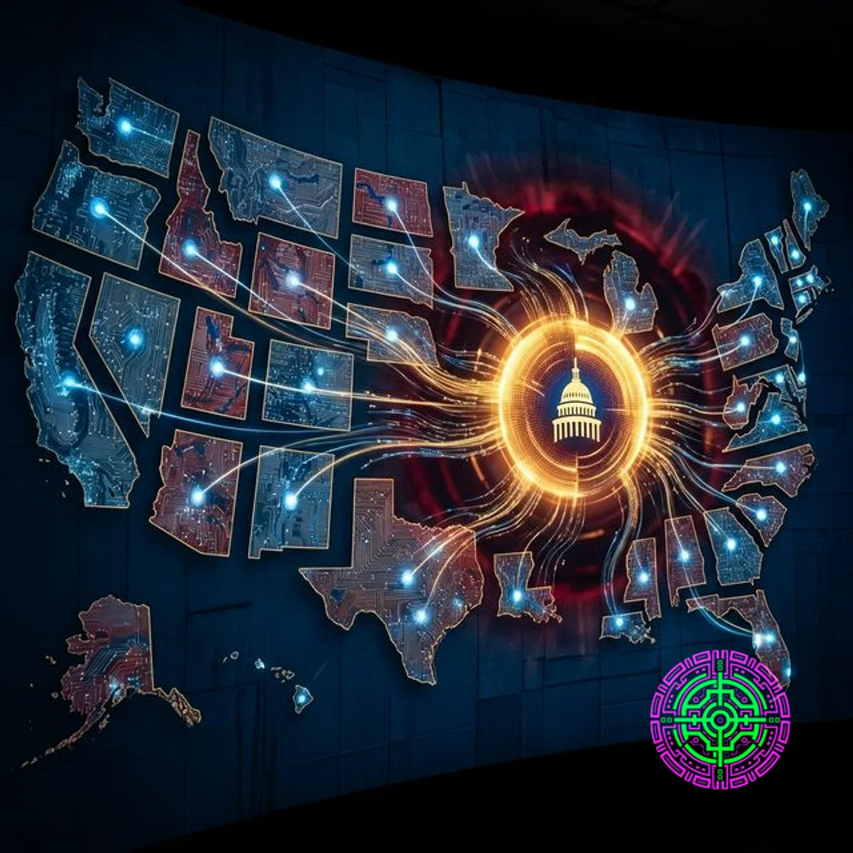 Abstract visualization of digital streams flowing from 50 states toward Washington DC, symbolizing federal preemption of state AI laws