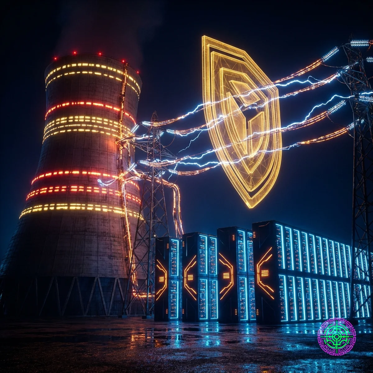 Visualisation nocturne spectaculaire d’un centre de données et d’une centrale nucléaire séparés par un bouclier réglementaire holographique.