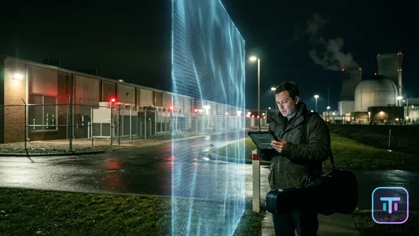 Visualización nocturna dramática de un centro de datos y una planta nuclear separados por un escudo regulatorio holográfico.
