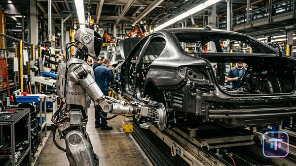 A Figure 02 humanoid robot installing a car part on a BMW assembly line