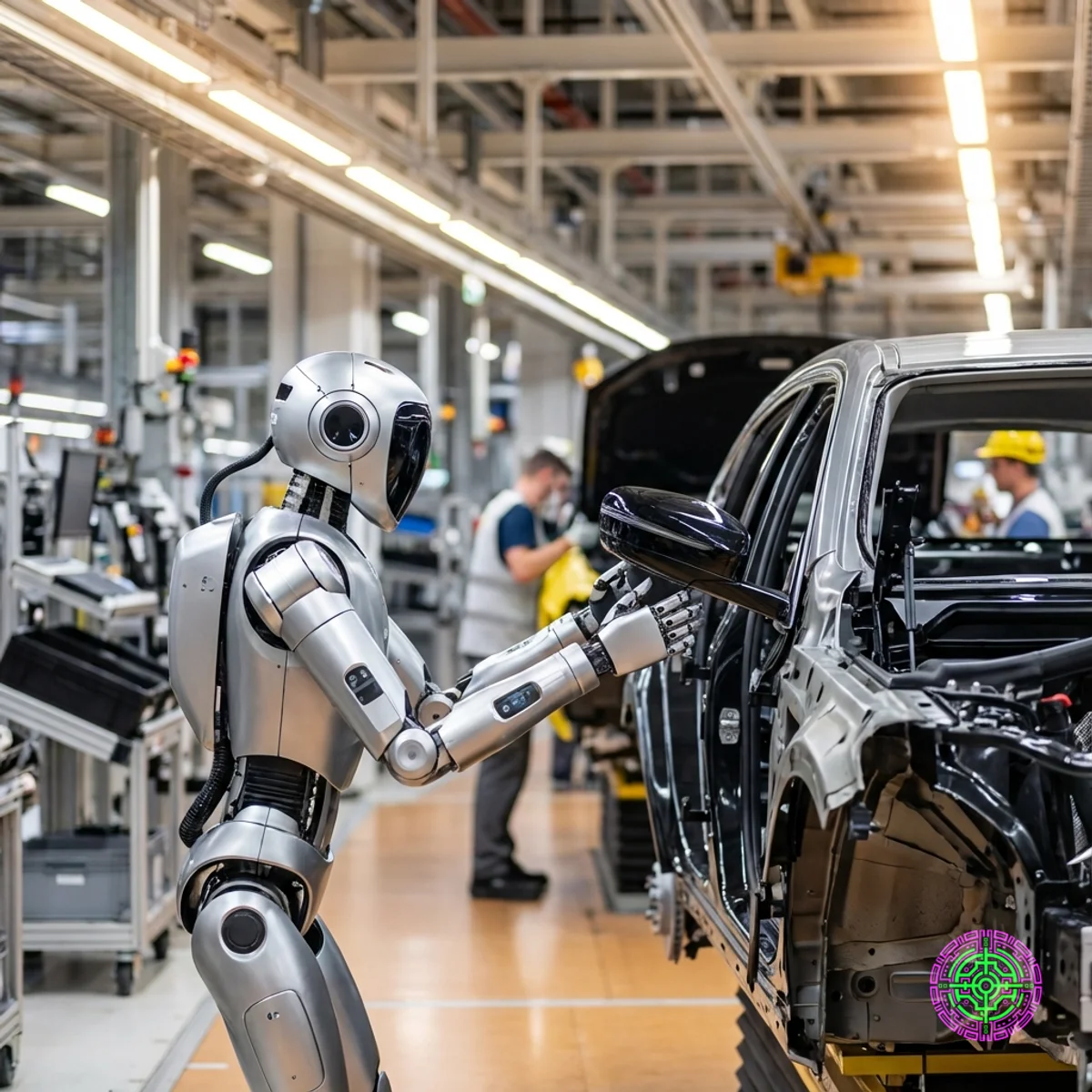 BMWの組立ラインで自動車部品を取り付けるFigure 02ヒューマノイドロボット