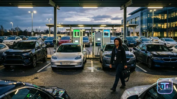 High-tech corporate fleet parking lot with a mix of EV chargers and hybrid vehicles