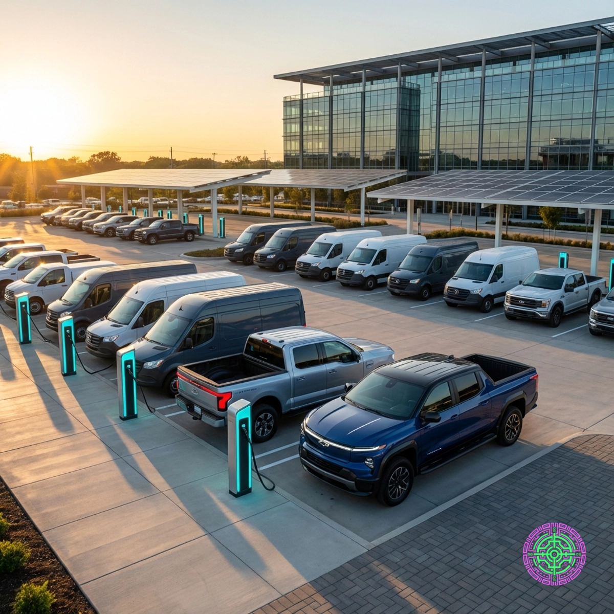 High-tech corporate fleet parking lot with a mix of EV chargers and hybrid vehicles