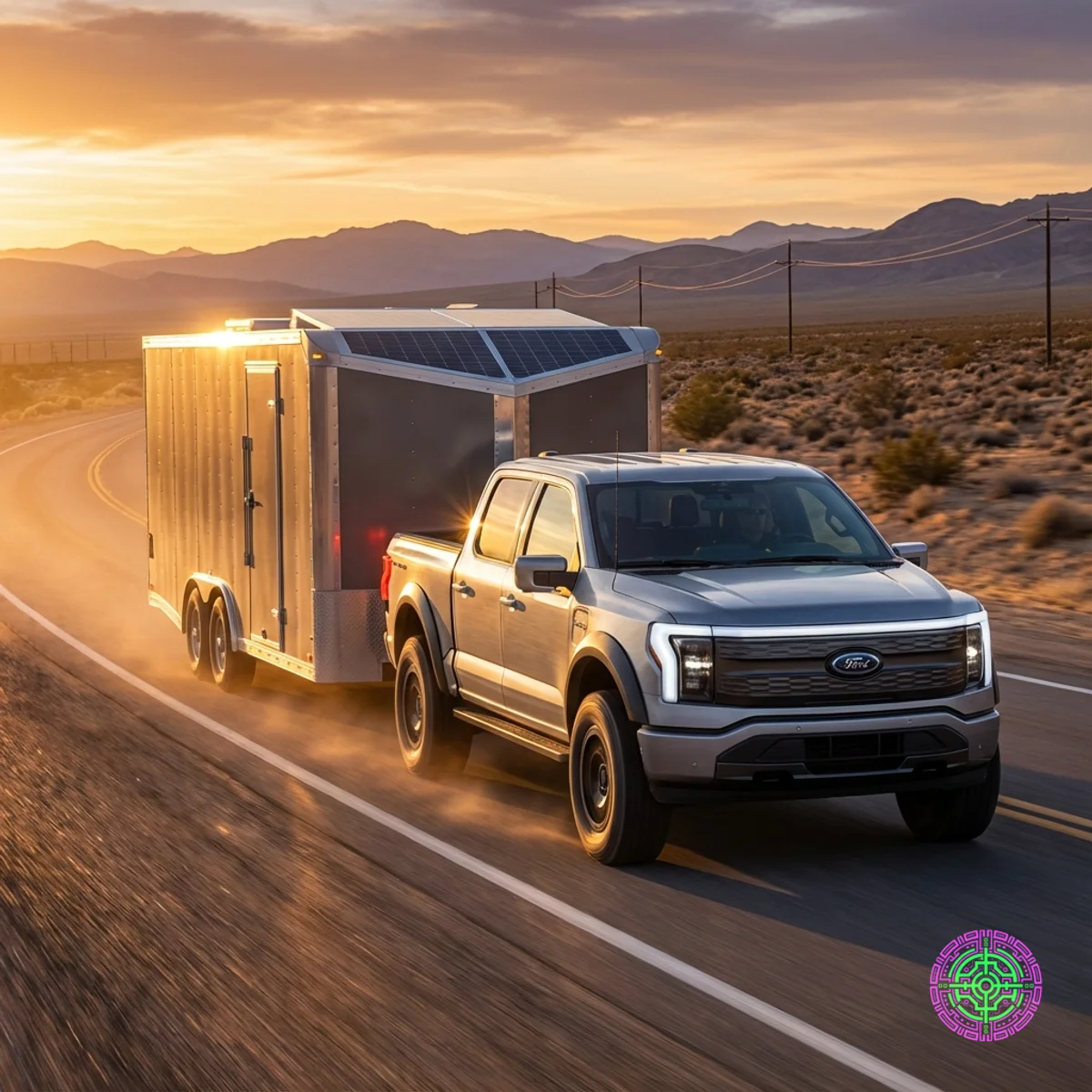 Una camioneta Ford F-150 futurista remolcando una carga pesada en un entorno desértico, con una superposición esquemática que muestra un tren motriz de batería y generador de gas.