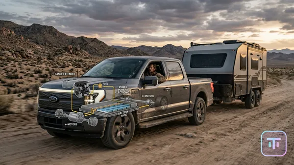 A futuristic Ford F-150 truck towing a heavy load in a desert environment, with a schematic overlay showing a battery and gas generator powertrain.