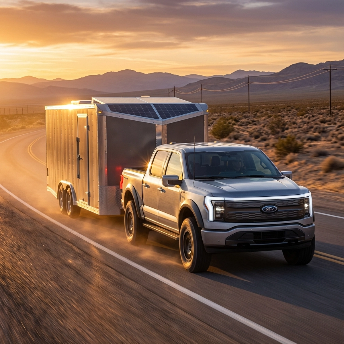 A futuristic Ford F-150 truck towing a heavy load in a desert environment, with a schematic overlay showing a battery and gas generator powertrain.