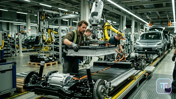 Modern European automotive factory assembly line with electric vehicle platforms