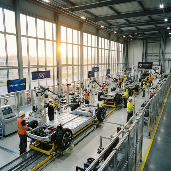 Modern European automotive factory assembly line with electric vehicle platforms