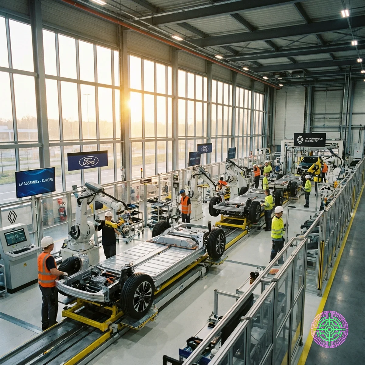 Linha de montagem moderna de fábrica de automóveis europeia com plataformas de veículos elétricos