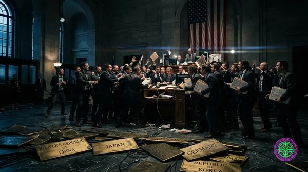 An empty Treasury auction floor at twilight with overturned name placards for foreign sovereign creditors and a frantic crowd of hedge fund traders with leveraged ledgers crowding the bid desk