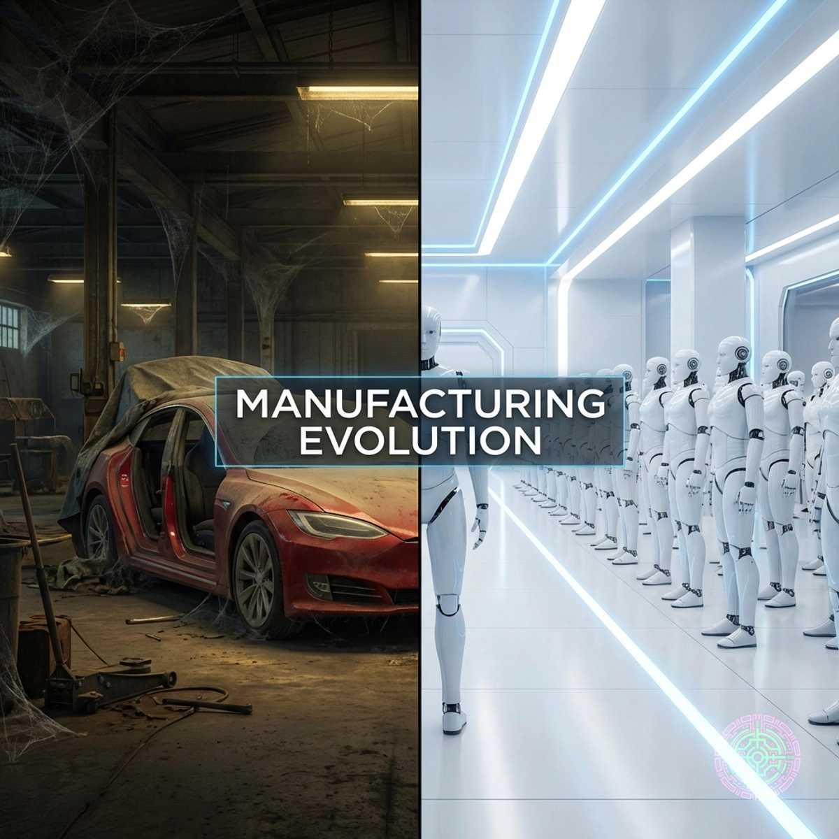 Split screen showing a dusty Model S assembly line versus a futuristic Optimus robot assembly zone.
