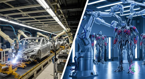 Split screen showing a dusty Tesla Model S assembly line versus a futuristic Optimus humanoid robot assembly zone.