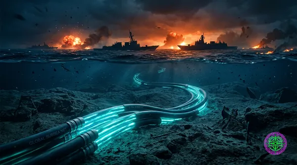 A dramatic underwater view of glowing submarine fiber optic cables stretching across a dark ocean floor, with distant orange explosions illuminating the surface above and warships silhouetted against a burning horizon