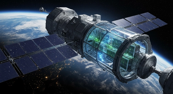 Futuristic data center satellite orbiting earth, glowing server racks, solar panels, deep space background