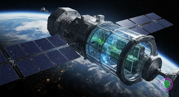 Futuristic data center satellite orbiting earth, glowing server racks, solar panels, deep space background