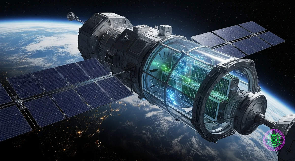 地球を周回する未来的なデータセンター衛星、光るサーバーラック、ソーラーパネル、深宇宙の背景