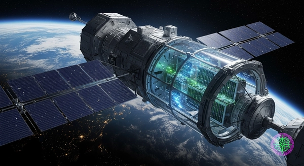 Futuristic data center satellite orbiting earth, glowing server racks, solar panels, deep space background