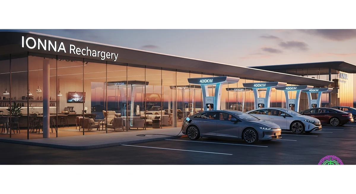 Site conceptuel d'IONNA Rechargery au coucher du soleil avec des bornes de recharge à haute vitesse et un salon moderne