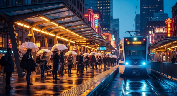 Futuristic light rail train arriving at a modern station in the Pacific Northwest