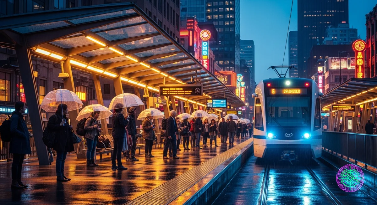 Tren ligero futurista que llega a una estación moderna en el noroeste del Pacífico