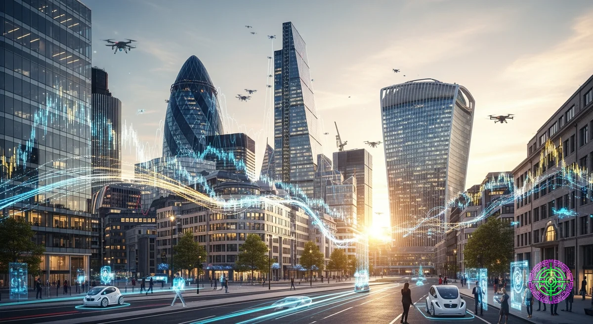 Distrito financiero futurista de Londres con flujos de datos digitales, concepto fintech, iluminación de la hora dorada, estilo de fotografía profesional