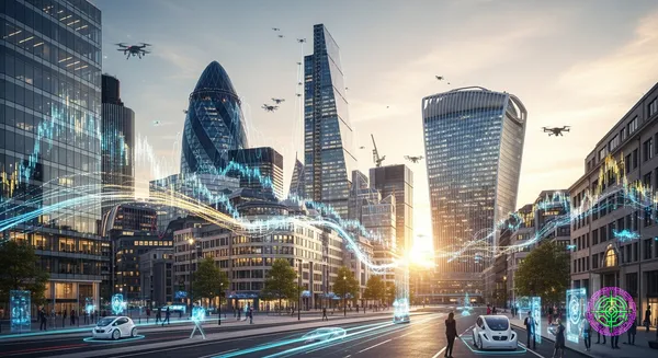 Futuristic London financial district with digital data streams, fintech concept, golden hour lighting, professional photography style