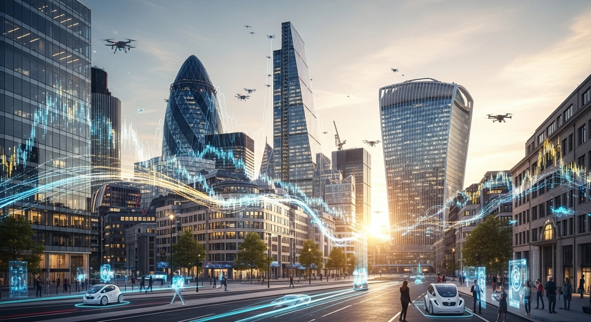 Futuristic London financial district with digital data streams, fintech concept, golden hour lighting, professional photography style