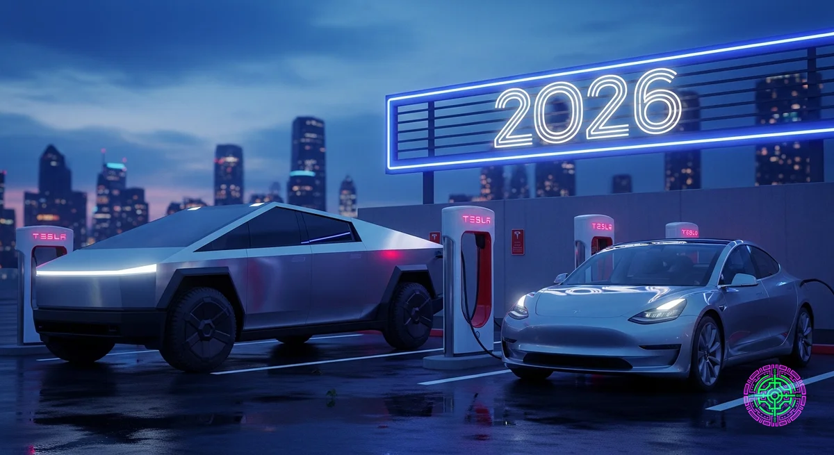 Futurista Tesla Cybertruck y Model 3 cargando en una estación de supercargadores con un letrero de neón que dice 2026