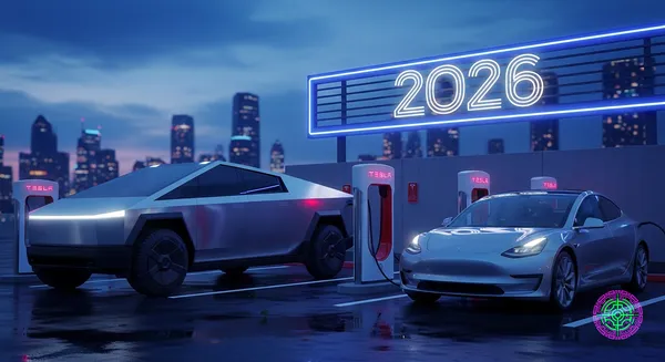 Futuristic Tesla Cybertruck and Model 3 charging at a supercharger station with a neon sign saying 2026