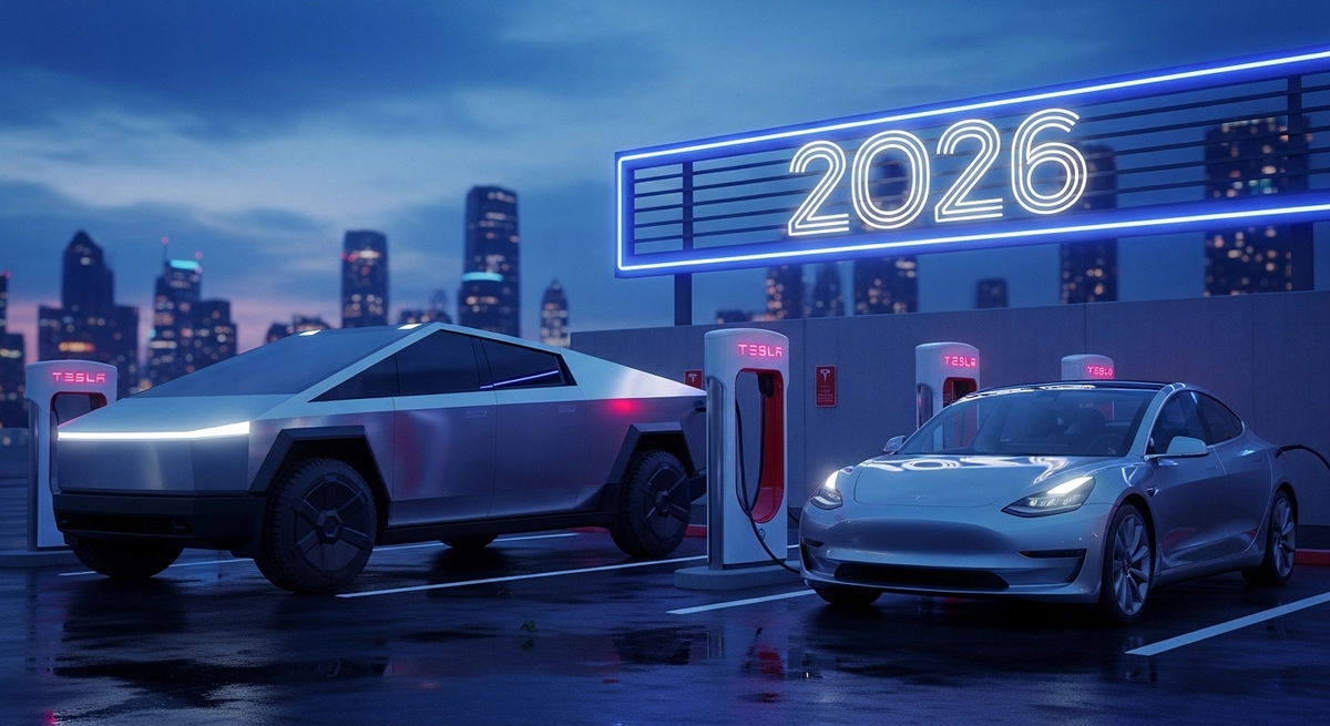 Futurista Tesla Cybertruck e Model 3 carregando em uma estação de supercharger com uma placa de néon dizendo 2026