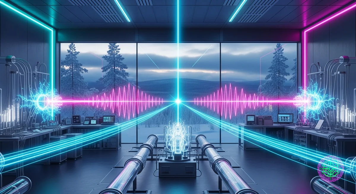 Concepto futurista de transmisión de energía inalámbrica en un paisaje finlandés