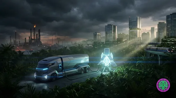 A sleek modern EV charging at a futuristic solar array with a dark oil refinery in the background