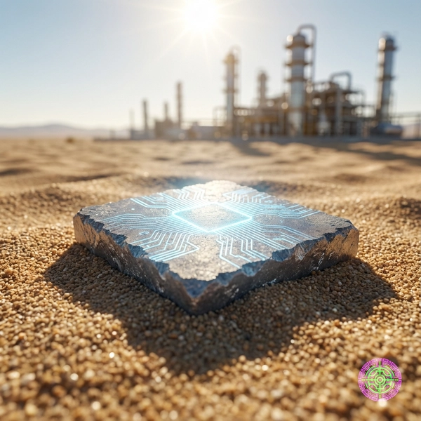 A glowing gallium nitride wafer chip resting on desert sand with industrial refineries in the background