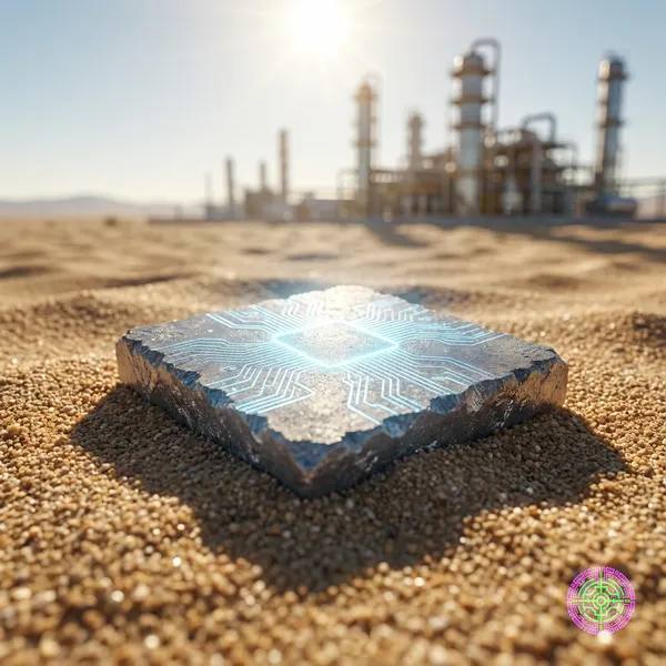 A glowing gallium nitride wafer chip resting on desert sand with industrial refineries in the background