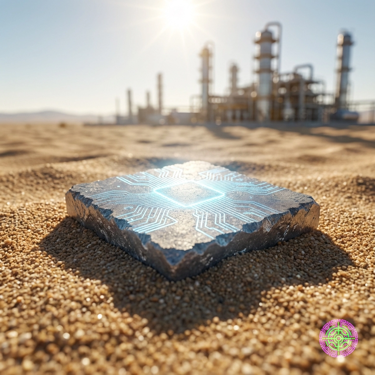 A glowing gallium nitride wafer chip resting on desert sand with industrial refineries in the background