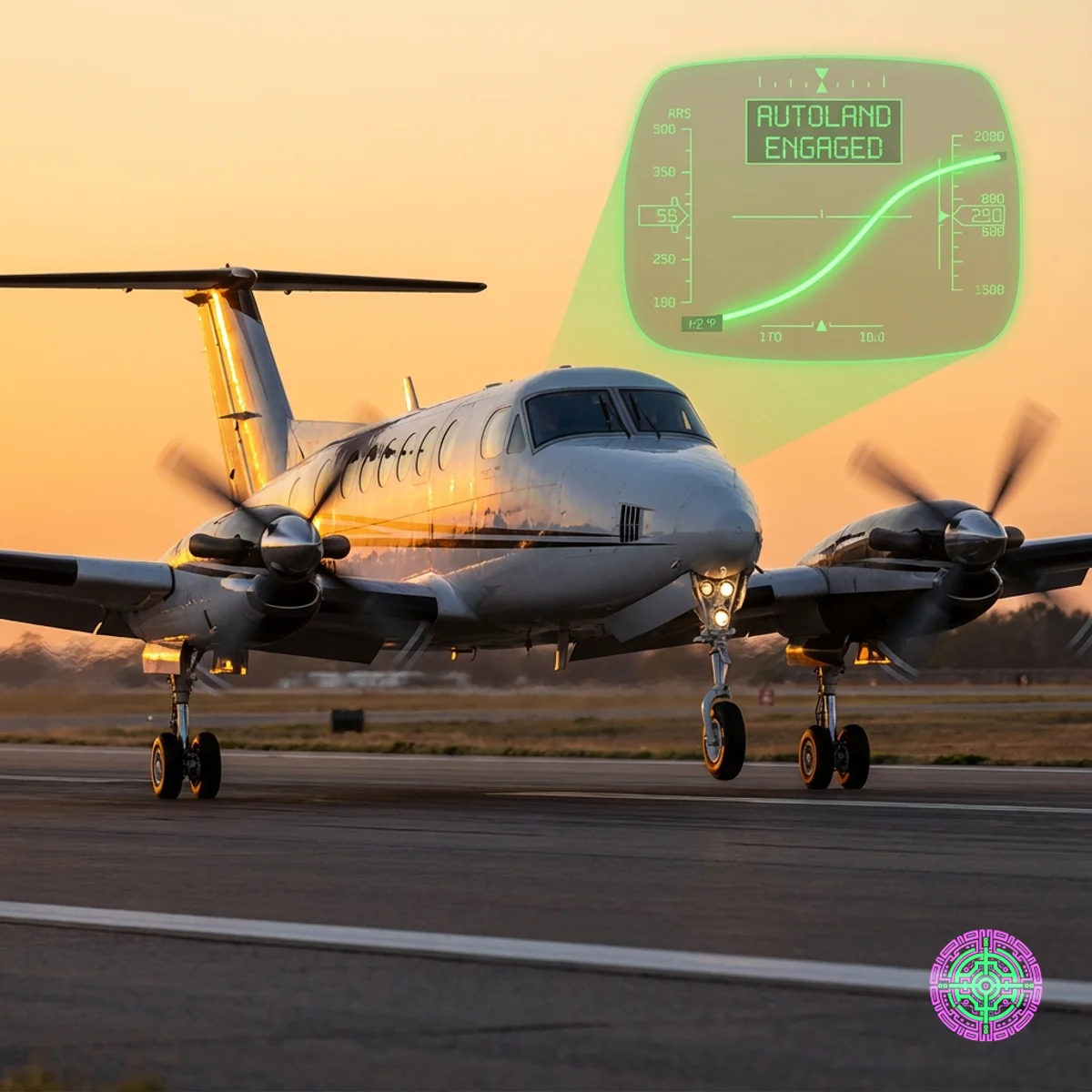 Un turbohélice King Air aterrizando al atardecer con una superposición digital HUD que muestra 'AUTOLAND ENGAGED'