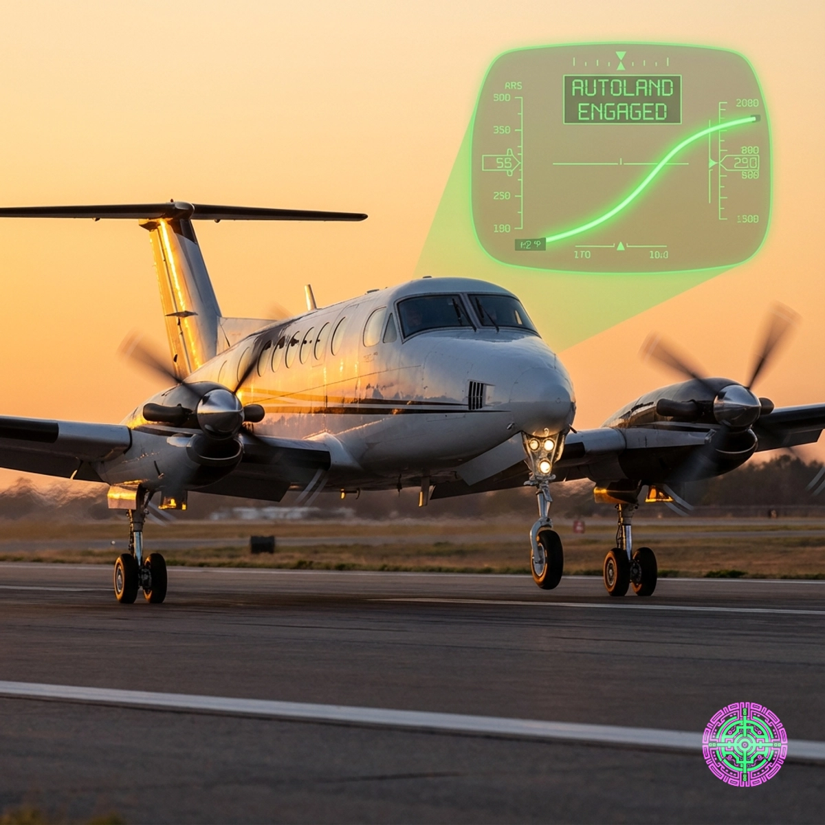 A King Air turboprop landing at sunset with a digital HUD overlay showing 'AUTOLAND ENGAGED'