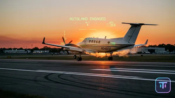 Eine King Air Turboprop landet bei Sonnenuntergang mit einer digitalen HUD-Überlagerung, die 'AUTOLAND ENGAGED' anzeigt