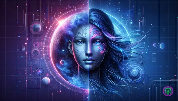 Split composition showing abstract representations of Gemini and ChatGPT AI models facing off