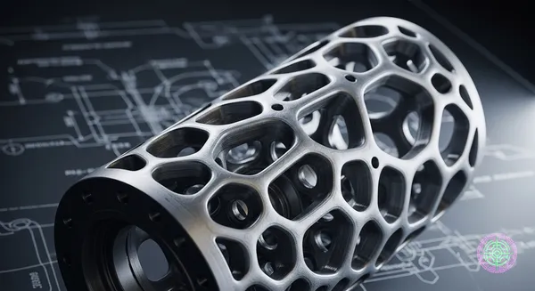 A complex, organic-looking aerospace component designed by AI, featuring intricate metallic lattice structures.