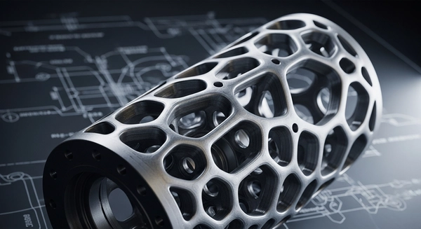 A complex, organic-looking aerospace component designed by AI, featuring intricate metallic lattice structures.